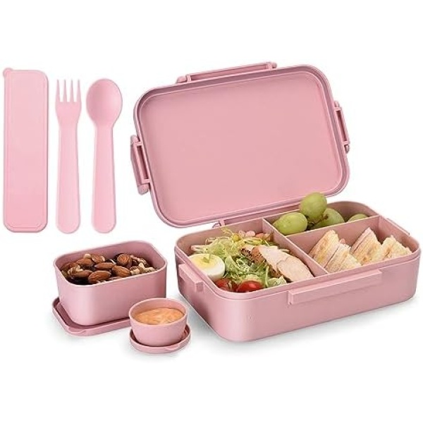 Adult Bento Box, 2045ml Wheat Fiber Large Lunch Bento Box, 5 Compartment Lunch Container with Removable Compartments, Leak Proof BPA-Free Lunch Box, Easy Open for School Work Picnic -Pink