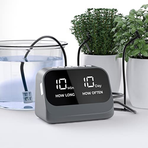 Automatic Watering System for Potted Plants, Plant Waterer, DIY Drip Irrigation Kit with Smart Timer, Waterproof LED Display & Large Capacity Battery, Precise Distribution of Water, White (Gray)