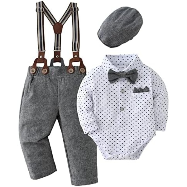 Baby Boy Clothes Gentleman Outfits Suits, Infant Long Sleeve Shirts + Suspender Pants + Bowtie + Beret Hat 0-18M