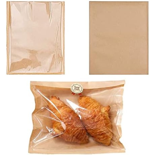 Bakery Bags with Window 100PCS Kraft Paper Sandwich Bags Waxed Flat Favor Bags Donut Bags Bag Candy Cookie Snack Packing Treat Bags for Homemade Bread