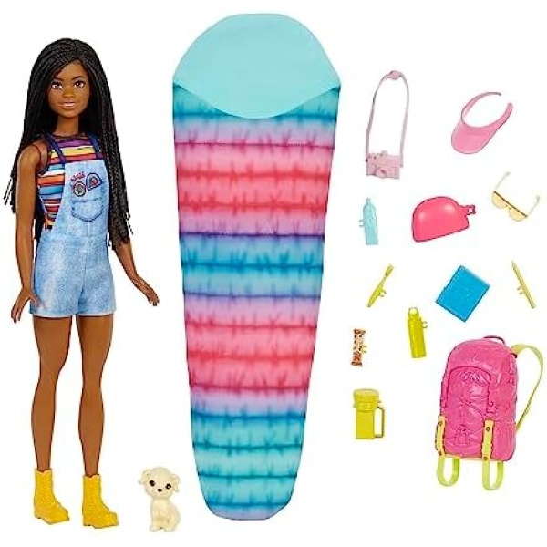 Barbie It Takes Two Doll & Accessories, Brooklyn Camping Playset with Doll, Pet Puppy & 10+ Accessories Including Sleeping Bag