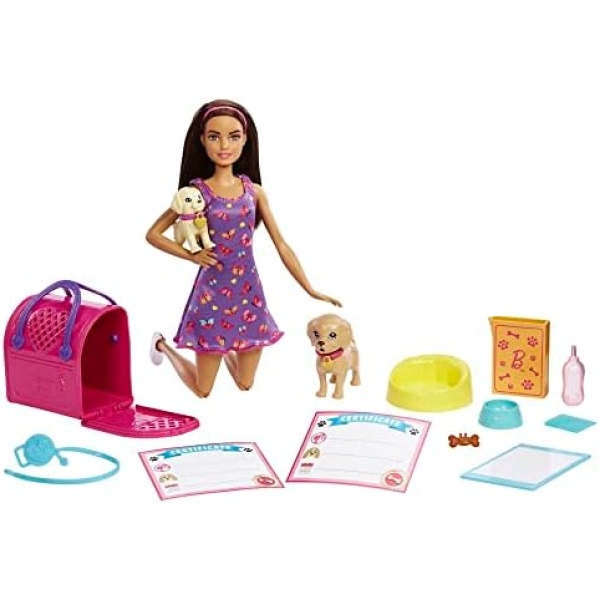 Barbie Pup Adoption Doll & Accessories Set with Color-Change, 2 Pets, Carrier & 10 Accessories, Brunette Doll in Purple Dress