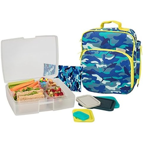 Bentology Lunch Bag and Box Set - Includes Insulated Bag with Handle, Bento Box, 5 Containers and Ice Pack - Shark Camo