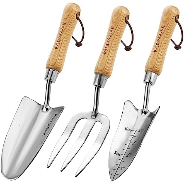 Berry&Bird Garden Tool Set- 3PCS Stainless Steel Gardening Tool Sets with Wooden Handle Trowel Weeding Fork & Digging Shovel Hand Tool Kit for Planting, Ideal Gardening Gift for Women & Men