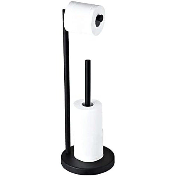 Black Toilet Paper Holder Stand, Bathroom Stainless Steel Toilet Paper Roll Holder with Shelf Reserve Free Standing Portable Tissue Storage Organization for Bathroom(Black)