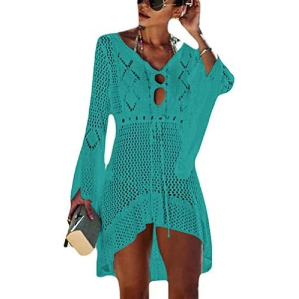 Bsubseach Women Crochet Swimsuit Cover Up Hollow Out Flare Sleeve Beach Dress