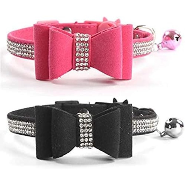 CHUKCHI 2 Pack Cat Collar Bling Diamond Breakaway with Cute Bow Tie and Bell for Kitty and Some Puppies, Adjustable from 7.8-10.5 Inch