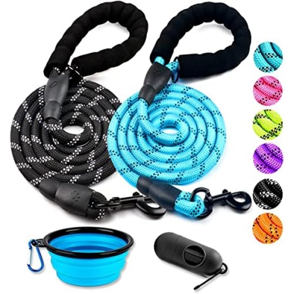 COOYOO 2 Pack Dog Leash 5 FT Heavy Duty Radiant Colors,Reflective Rope - Padded Handle - Reflective Dog Leash for Medium Large Dogs with Collapsible Pet Bowl