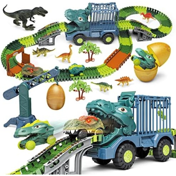 CUTE STONE Dinosaur Toys Race Track Playset, Flexible Car Track with Dino Transport Truck, Electric Dino Race Car with LED Lights, Dinosaur Train Set Gifts for Kids Boys Toddlers