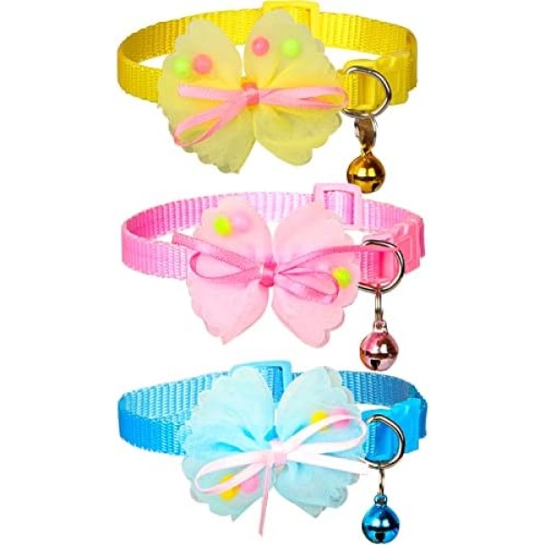 Cat Collar 3 Pcs Kitten Collar with Bow Tie Cat Collar with Bell Cute Cat Collars Personalized Adjustable 19 - 32 cm Cat Collar Breakaway for Girl Boy Cats, Kittens and Puppies