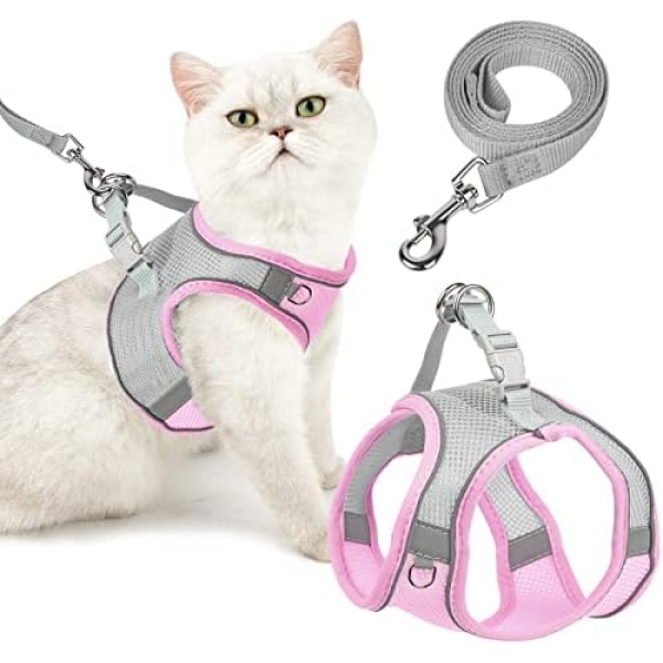 Cat Harness And Leash for Walking,Easy Control Cat Leash,Escape Proof Soft Adjustable Small Dog Harness, Breathable Reflective Strips Dog Harness Small Breed,Mesh Vest Harness for Kitten Puppy Rabbit (XS, A-Grey Pink)