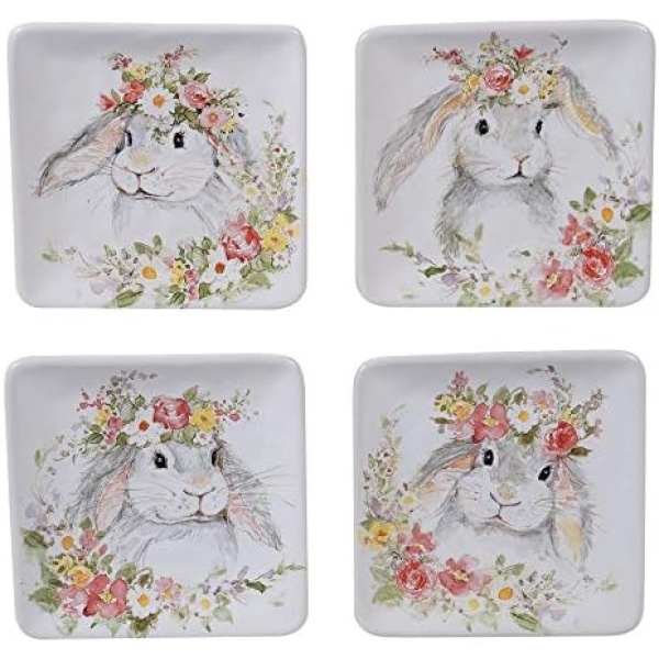 Certified International Sweet Bunny 6" Canape/Snack Plates, Assorted Designs, Set of 4