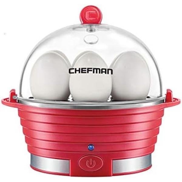 Chefman Electric Egg Cooker Boiler, Rapid Poacher, Food & Vegetable Steamer, Quickly Makes Up To 6, Hard, Medium or Soft Boiled, Poaching/Omelet Tray Included, Ready Signal, BPA-Free, Red