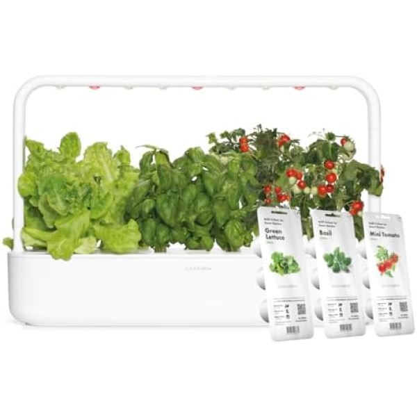 Click & Grow Smart Garden 9 Indoor Herb Garden Kit with Grow Light | Easier Than Hydroponics Growing System | 9 Plant Pods Included (3 Tomato, 3 Basil and 3 Green Lettuce) | Silent Technology, White