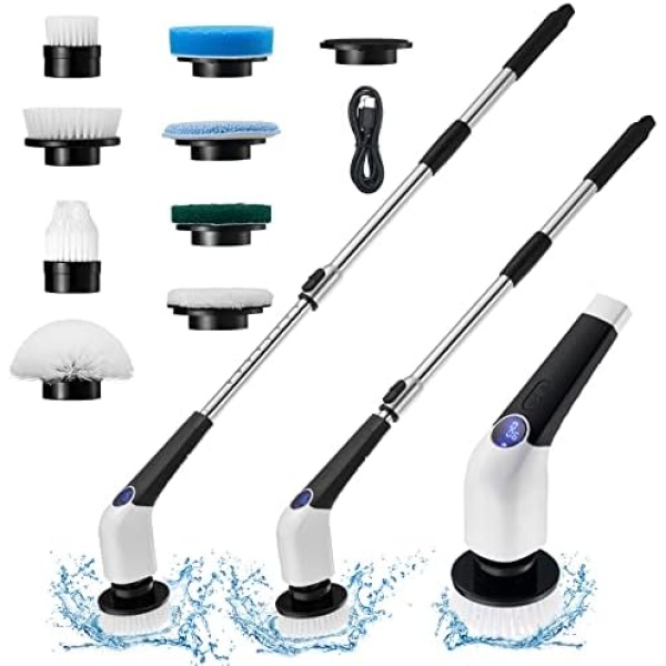 DOOOB Electric Spin Scrubber,2023 New Cordless Voice Cleaning Brush with 8 Replaceable Brush Heads,3 Adjustable Speeds Electric Scrubber with Extension Handle for Bathroom Kitchen, Bathtub, Floor,Car