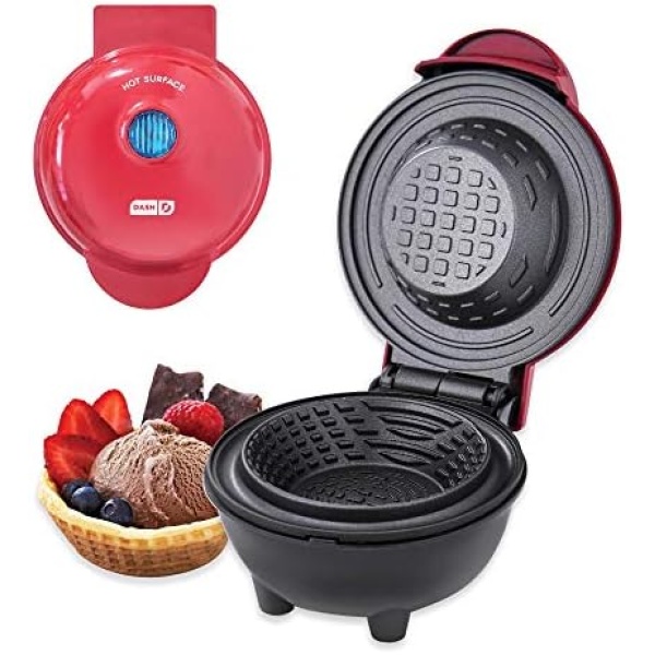 Dash Mini Waffle Bowl Maker for Breakfast, Burrito Bowls, Ice Cream and Other Sweet Desserts, Recipe Guide Included - Red