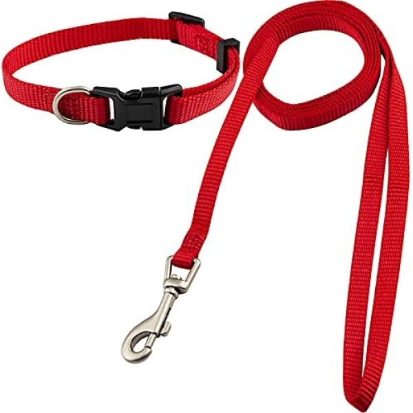 Dog Collar and Leash Set, Nylon Collar and Leash for Dogs Classic Solid Colors for Small Medium Large Dogs (XS, Collar 8-12", 3/8", Red)