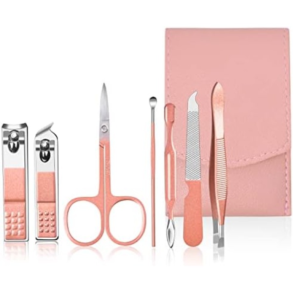 Doryum Manicure Set,7 in 1Pedicure Nail Care kit,Stainless Steel Professional Manicure Pedicure Tools Kit with Nail Clippers,Scissor, Tweezer, Ear-Pick & Mani Pedi Tools with Pink Leather Case