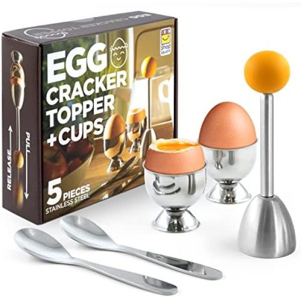 Egg Cups For Soft Boiled Eggs, Soft Boiled Egg Holder, Egg Topper - Includes 2 Egg Cups, 2 Metal Spoons & 1 Soft Boiled Egg Cutter or Opener