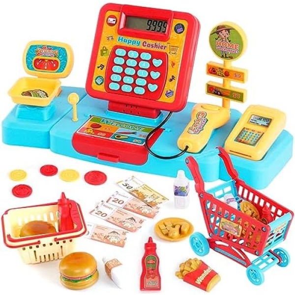 Electronic Cash Register Toys with Shopping Cart Scanner Supermarket Cash Register with Calculator,Scanner,Credit Card Role Playing Toy Pour Boys Girls 3 4 5 Years