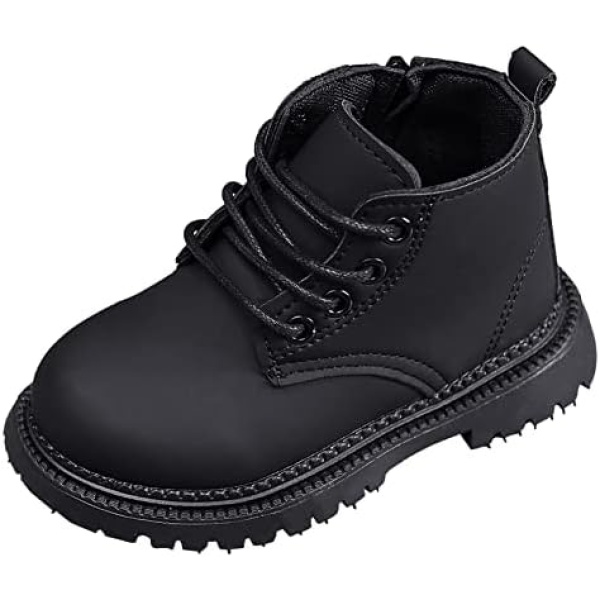 FEOYA Unisex Child Waterproof Leather Ankle Boots Non-Slip Lace Up Zipper Outdoor School Boot