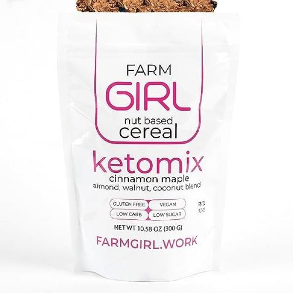 Farm Girl - Keto Mix Granola & Cereal - Delicious Cinnamon Taste - Low-Carb, Gluten Free & Grain Free - High Fat & High Protein- for Breakfast & Snack- Great for Keto, Vegan & Paleo Kitchens (300g)