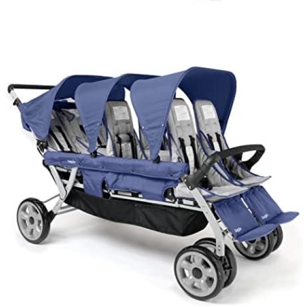 Foundations Gaggle Jamboree 6-Seat Folding Multi-Child Tandem Stroller with UV Protection Canopies, Navy/Gray