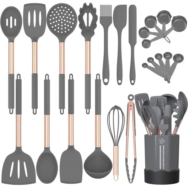 Fungun Silicone Cooking Utensil Set, 24pcs Silicone Cooking Kitchen Utensils Set, Non-Stick Heat Resistant - Best Kitchen Cookware with Copper Stainless Steel Handle -Grey(BPA Free, Non Toxic)