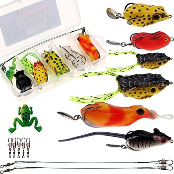 Funzhan Fishing Lures Kit Hard Metal Casting Spoons Spiral Jigging Frog Topwater Bullfrog Baits Swimbaits for Trout Bass Crappie Snakehead Saltwater Freshwater (Random Color)