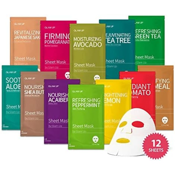 GLAM UP Facial Sheet Mask 12 Combo (Pack of 12) | masques en feuille, Face Masks Skincare, Hydrating Face Masks, Moisturizing, Brightening and Soothing, Beauty Mask For All Skin Type