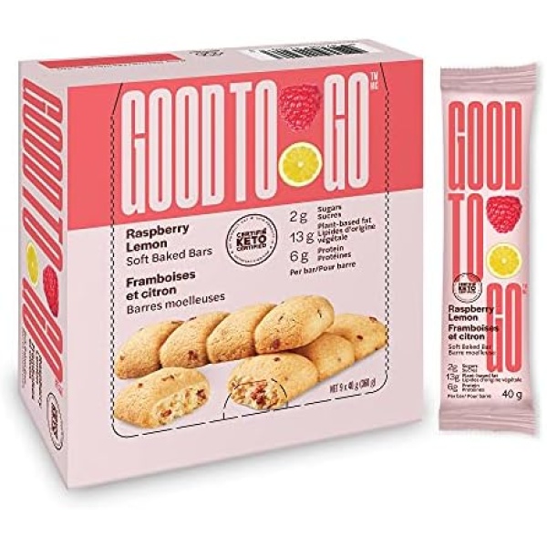 GOOD TO GO Raspberry Lemon Soft Baked Bars, 40g x 9 Bars; Non GMO, Certified Keto, Grain Free, Peanut Free, Gluten Free, B-Corp