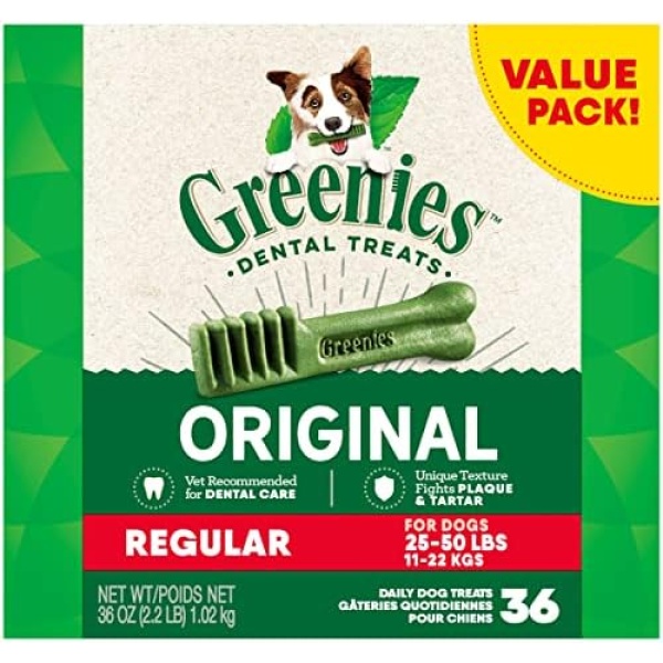 GREENIES Adult Dog Treats Original REGULAR Natural Dental Care, (36 Treats) 36 oz. Pack