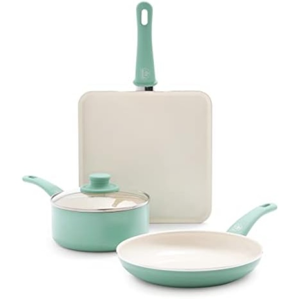 GreenLife Soft Grip Absolutely Toxin-Free Healthy Ceramic Nonstick Dishwasher/Oven Safe Stay Cool Handle Cookware Set, 4-Piece, Turquoise