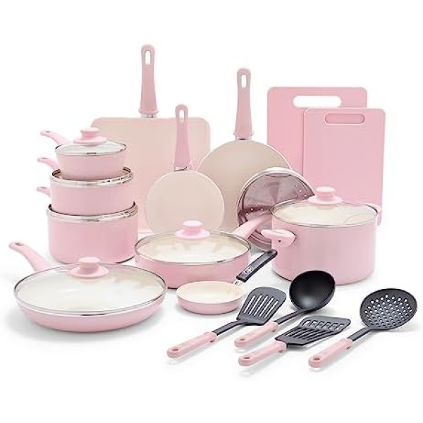 GreenLife Soft Grip Healthy Ceramic Nonstick 23 Piece Kitchen Cookware Pots and Frying Sauce Saute Pans Set with Kitchen Utensils, PFAS-Free, Dishwasher Safe, Pink