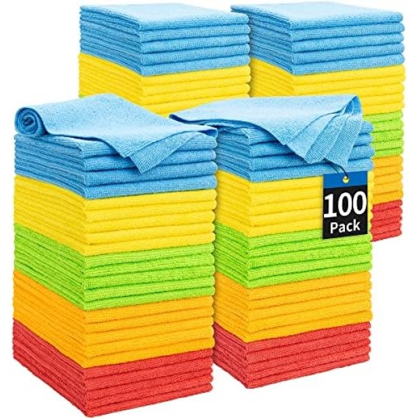 HOMERHYME Microfiber Cleaning Cloths, 100 Pack Cleaning Rags Towels Bulk Absorbent Lint-Free Washcloths, All-Purpose Washable Car Cloth Wipes for Detailing, Office, Household Cleaning 11.5" x 11.5"