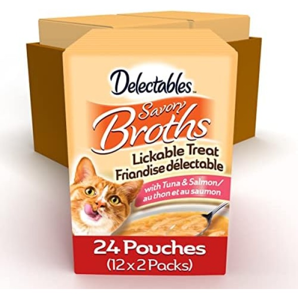 Hartz Delectables Savory Broths Lickable Wet Cat Treats, Tuna & Salmon, 24 Pack