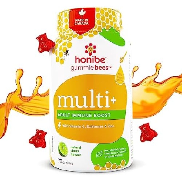 Honibe Adult Multivitamin Gummies Plus Immune Boost | Honey-Based Vitamins Made in Canada | Chewable Immune Boosting Gummy Multivitamins for Women or Men | Vegetarian Zinc Vitamins for Adults | 70 gummies |