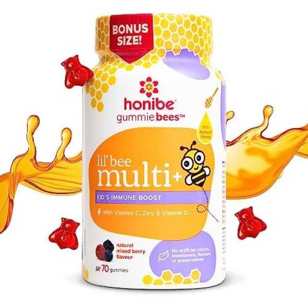 Honibe Kids Multivitamin Gummies Plus Immune Boost | Honey-Based Vitamins Made in Canada | Children's Chewable Gummy Vitamins | Vegetarian Kids Vitamin Gummies | Kids Zinc Vitamin Gummy Bees | 70 gummies