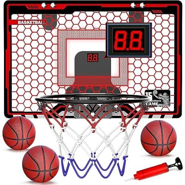 Hot Bee Indoor Basketball Hoop for Kids, Indoor Over The Door Mini Basketball Hoops, LED Light Mini Hoop with Electronic Scoreboard, Red Basketball Game Toys Gifts for 5-12 Year Old Boys