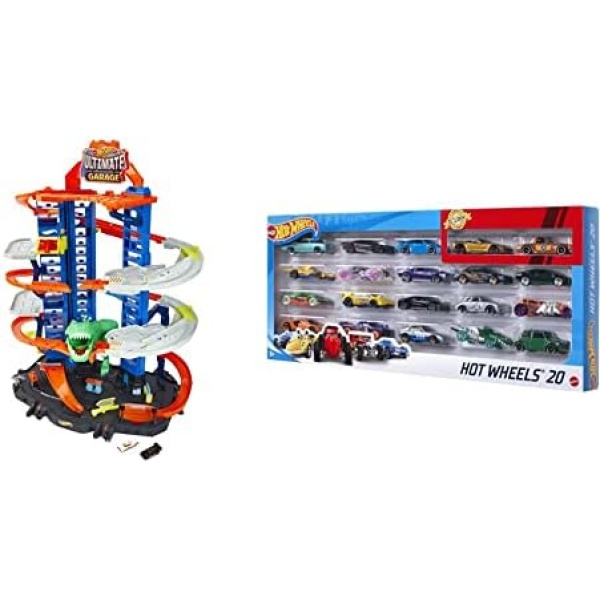 Hot Wheels Toy Car Track Set City Ultimate Garage Moving T-Rex Dinosaur, 100+ 1:64 Scale Vehicle Storage, 3-Ft Tall, 2 Toy Cars & 20-Pack of 1:64 Scale Toy Sports & Race Cars, Collectible Vehicles