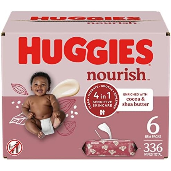 Huggies Nourish Scented Baby Wipes, 6 Push Button Packs (336 Wipes Total)