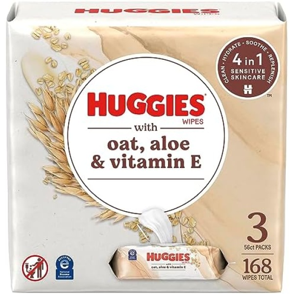 Huggies Wipes with Oat, Aloe & Vitamin E, Unscented, 3 Push Button Packs (168 Wipes Total)