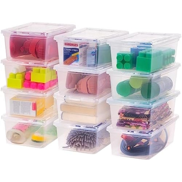 IRIS USA 6.7 Qt. Plastic Storage Container Bin with Latching Lid, Stackable Nestable Shoe Box Tote Shoebox Closet Organization School Art Supplies - Clear, 12 Pack