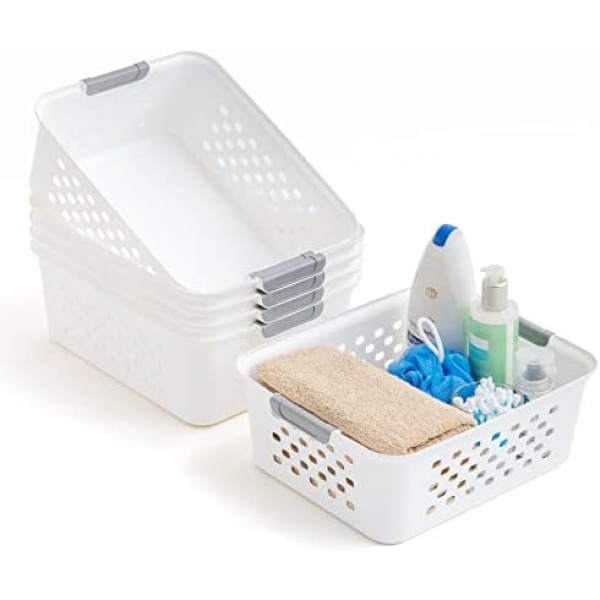 IRIS USA Medium Plastic Storage Basket, 6-Pack, Shelf Basket Organizer for Pantries Kitchens Cabinets Bedrooms and Bathrooms, White