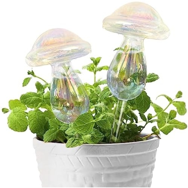 KiKiHeim 2 Pcs Plant Watering Devices Iridescent Mushroom Self Watering Globes, Automatic Plant Waterer Hand Blown Clear Glass Water Bulbs for Indoor Plants