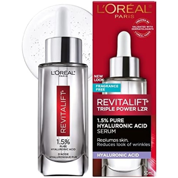 L'Oréal Paris 1.5% Pure Hyaluronic Acid Serum VALUE SIZE Revitalift Triple Power LZR, for Hydrated Plump Skin and Visibly Reduced Look of Wrinkles, Paraben Free, Non Comedogenic, 50ML