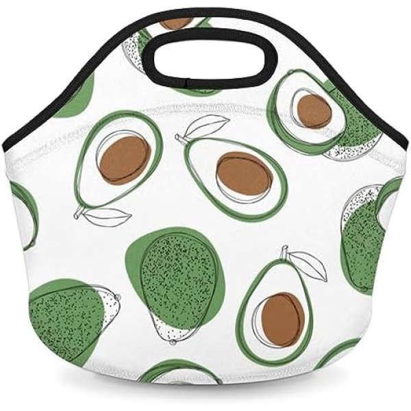 Lakiniss Neoprene Lunch Bag Fresh Avocado Hand Draw Reusable Tote Bags Cooler Thermal Meal Tote Kit Waterproof Food Carrying Lunch Handbag for Women Men Adult Work Gifts Picnic