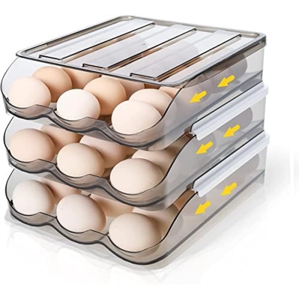 Large Capacity Egg Holder, Auto Scrolling Egg Box 3-Layer Stackable Egg Storage Container for Fridge