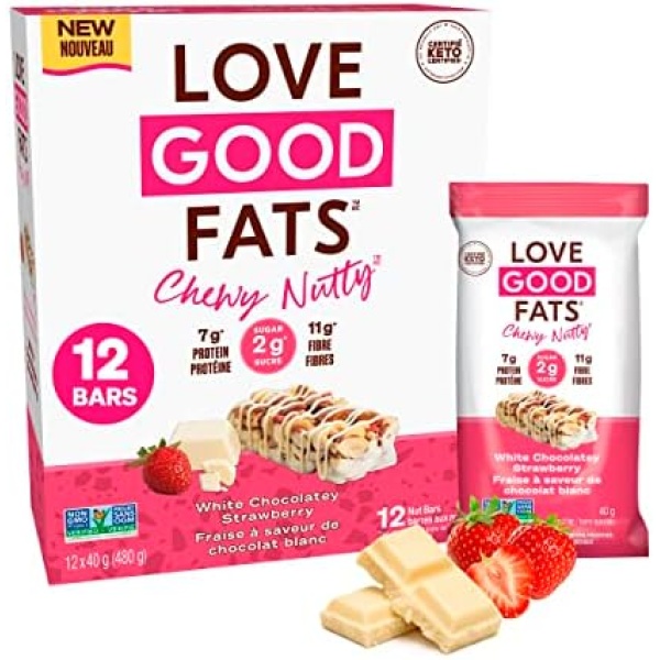 Love Good Fats Keto Protein Snack Bars - Chewy Nutty White Chocolate Strawberry with Almond & Cashew - 12g Good Fats, 7g Protein, 5g Net Carbs, 2g Sugar, Gluten-Free, Non GMO - White Chocolatey Strawberry, 12 Pack