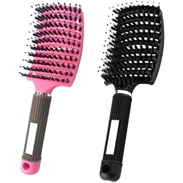 MOODKEY 2 PACK Boar Bristle Hair Brush No Pull Curved Vented Hair Brush Hairstreaq Detangling Brush Fast Blow Drying Hair Brush for Kids, Men, Women Wet Dry Long, Thin, Thick, Curly Tangled Hair